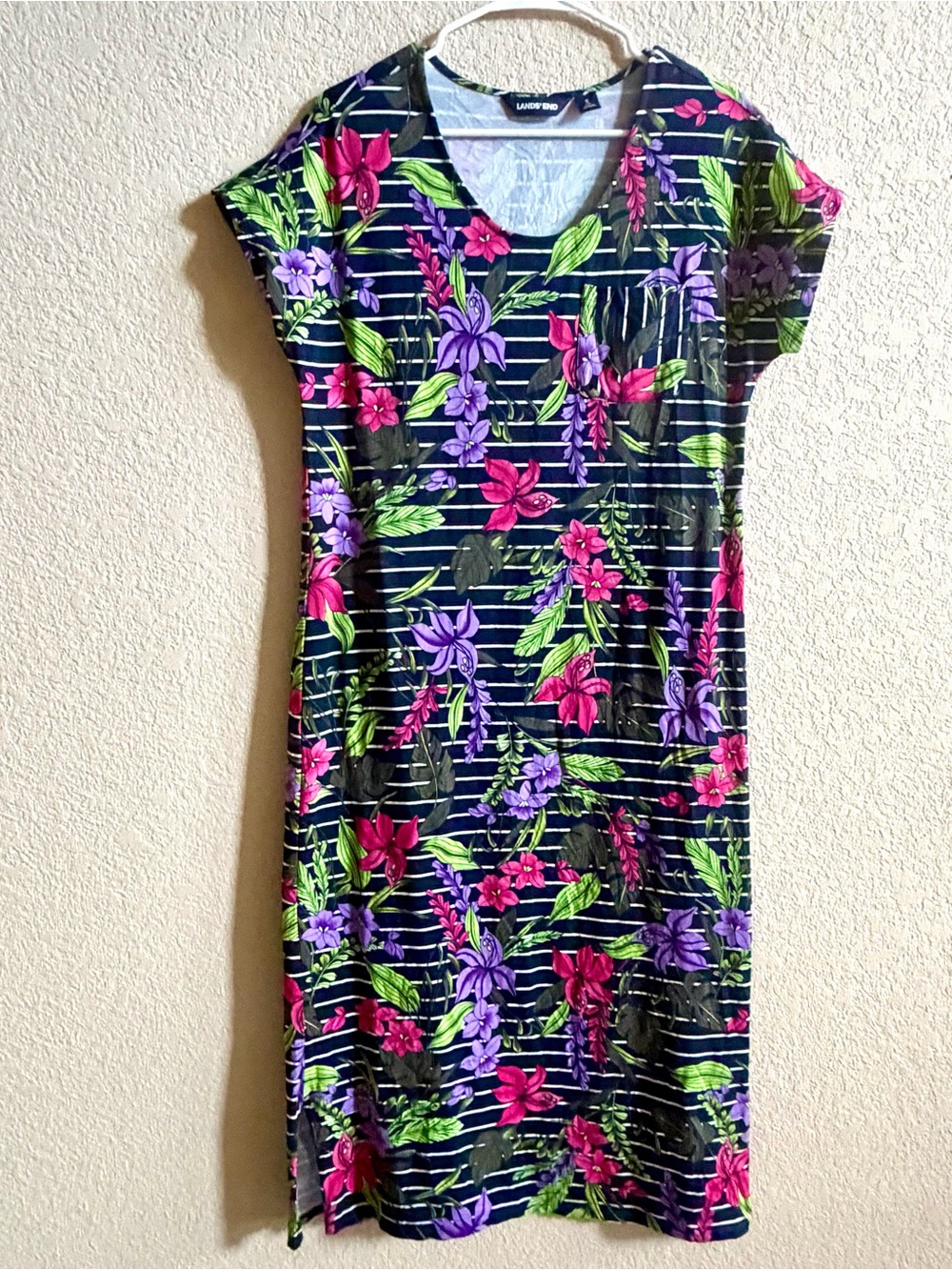 Lands End Womens Cotton Jersey Midi T Shirt Dress Floral Stripe Size Small